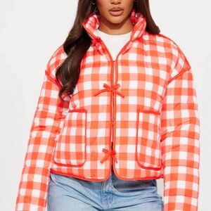 Fashion Nova Lightweight Quilted Plaid Orange and White Jacket